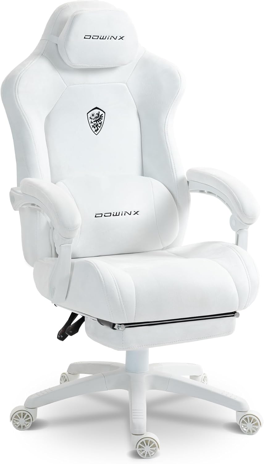 Chaise de gaming ergonomique avec coussin lombaire de massage, appuie-tête réglable en hauteur, coussin d'assise épais, repose-pieds extensible, accoudoirs réglables, velours microfibre Blanc