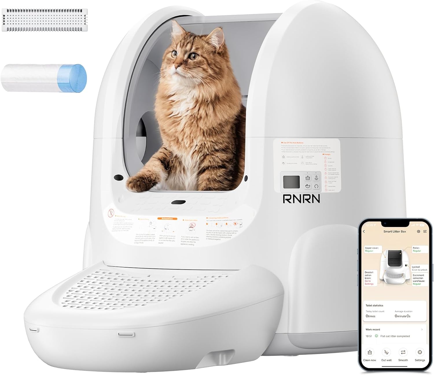 RNRN V1 Max Litiere Chat Autonettoyante, Grand Bac à Litière Autonettoyante Ouvert pour Chat 70L, Contrôle APP, Protection Intelligente Contre Les Pincements à 360°, Anti-Odeur,pour Plusieurs Chats Blanc