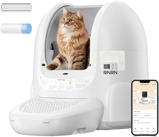 RNRN V1 Max Litiere Chat Autonettoyante, Grand Bac à Litière Autonettoyante Ouvert pour Chat 70L, Contrôle APP, Protection Intelligente Contre Les Pincements à 360°, Anti-Odeur,pour Plusieurs Chats Blanc