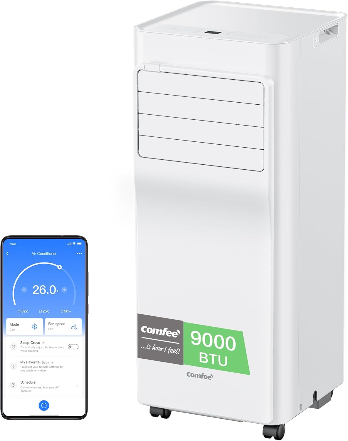 ' Climatiseur Mobile 9000 BTU/h 2,6kW, Contrôle APP, 3 Modes, 3 Vitesses de ventilation, Dimensions compactes, Pour pièces de 33㎡, Breezy Cool 2.6, Fonctionne avec Alexa Connecté 09K-33㎡-A-APP