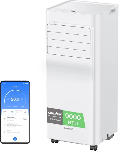 ' Climatiseur Mobile 9000 BTU/h 2,6kW, Contrôle APP, 3 Modes, 3 Vitesses de ventilation, Dimensions compactes, Pour pièces de 33㎡, Breezy Cool 2.6, Fonctionne avec Alexa Connecté 09K-33㎡-A-APP