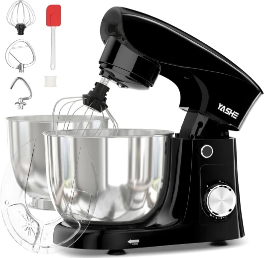Robot Pâtissier 1500W, 4,5L + 5L Deux Bols en Acier Inoxydable, 10+P Vitesses, Tête Inclinable, Crochet à Pâte, Batteur & Fouet, Robot Pétrin Professionnel