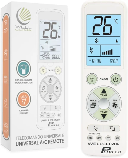 Wellclima Plus 2.0 – Télécommande Universelle pour climatiseur avec la Plus Large compatibilité du marché, Clavier et écran rétroéclairés, Lampe Torche LED, Assistance directe Wellclima