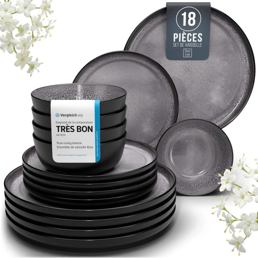 Service de Vaisselle en Grès Ibiza 18 pièces: Service de Table pour 6 Personnes, Adapté au Lave-Vaisselle et au Micro-Ondes, Pure Living gris foncé, Assiettes Service de Table, Vaisselle Gris Set de 18 pièces
