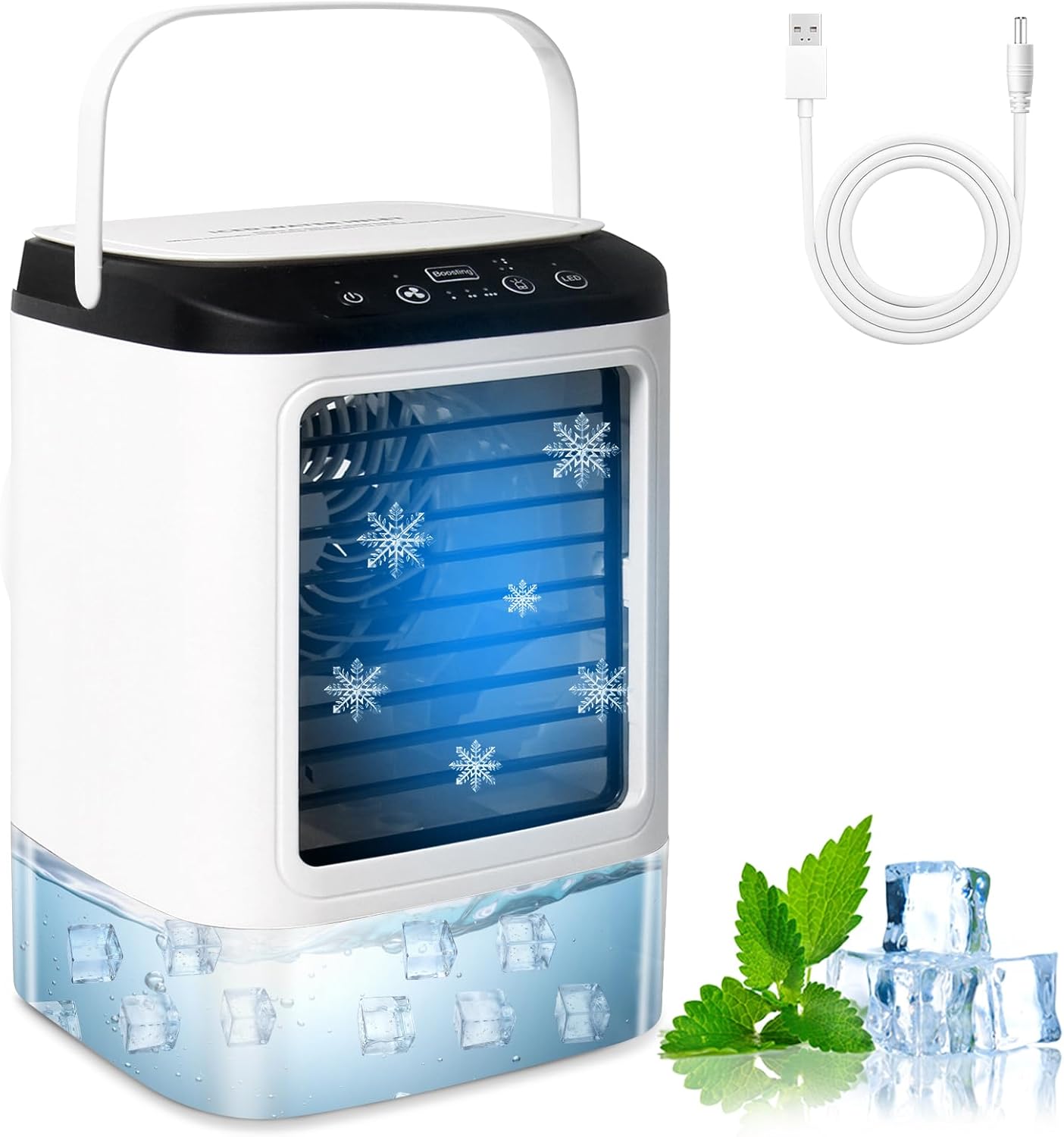 Bwaliffury Climatiseur Mobile 4 en 1, Refroidisseur d'air Portable, Mini Climatiseur Ventilateur, 3 Vitesses& 2 Brumes, 900ML & 90° Oscillation,Climatiseur Mobile Silencieux pour Camping,Bureau,Maison Blanc 01