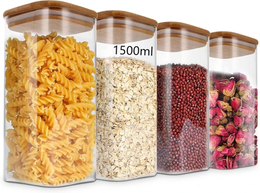 FWEEK Lot de 4 bocaux en verre hermétique, 1500 ml bocal hermetique, bocaux en verre couvercle bambou, pour céréales, noix, farine, céréales