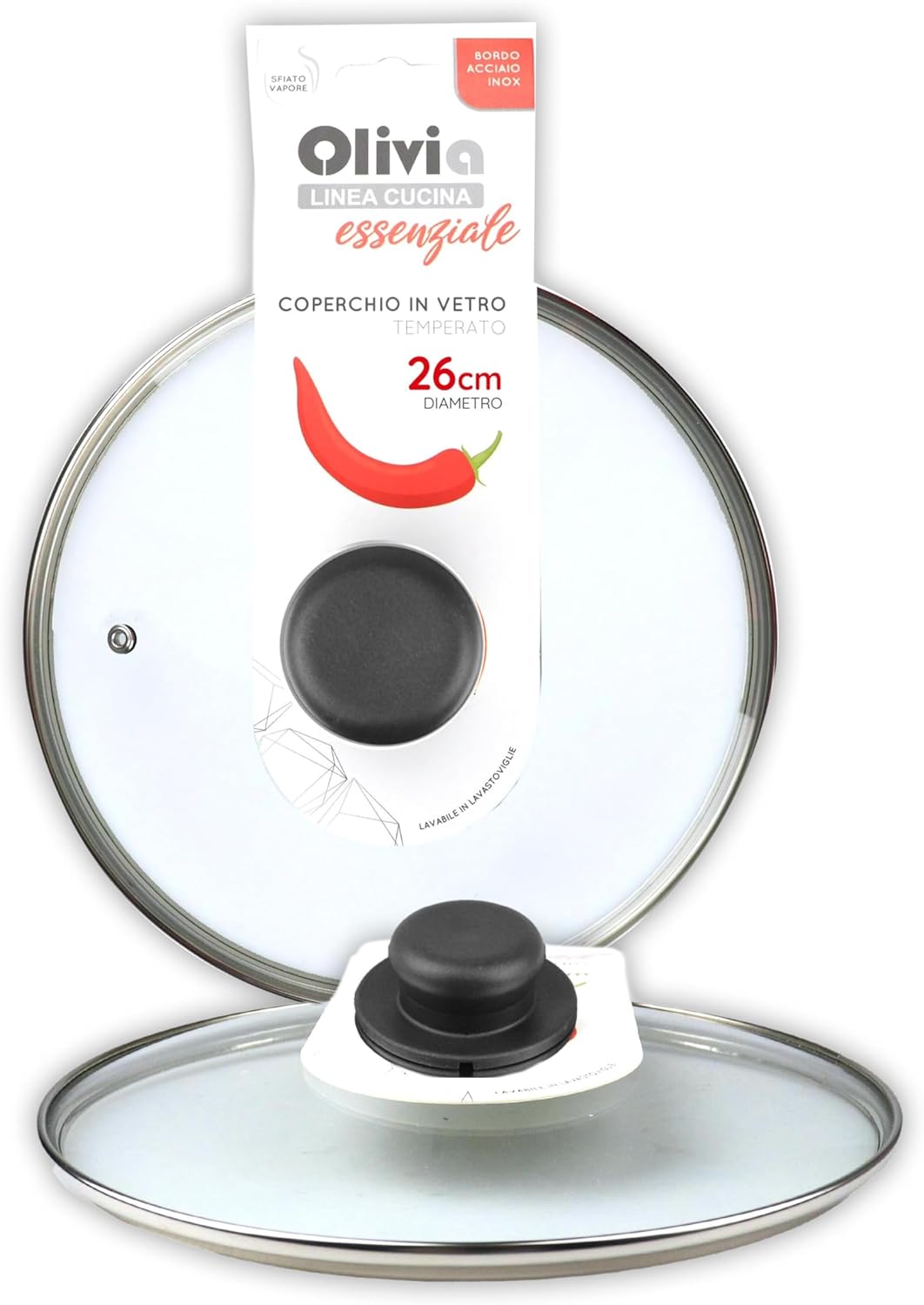 IPEA Couvercle pour Poêle ou Casserole en Verre Trempé – 16/18 / 20/22 / 24/26 / 28/30 cm – Transparent Rond Universel avec Bouton pour Poêles et Casseroles Cuisine – Compatible Lave-Vaisselle 26 cm