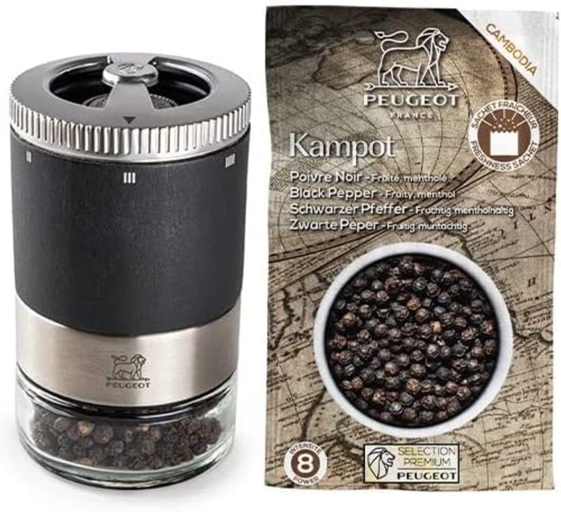 Moulin À Poivre Maestro 10cm - Kampot Poivre Noir Inclus - Fiole Interchangeable - Réglage U'Select - En Bois Labéllisé PEFC & Inox - Fabrication Française - Coloris Graphite