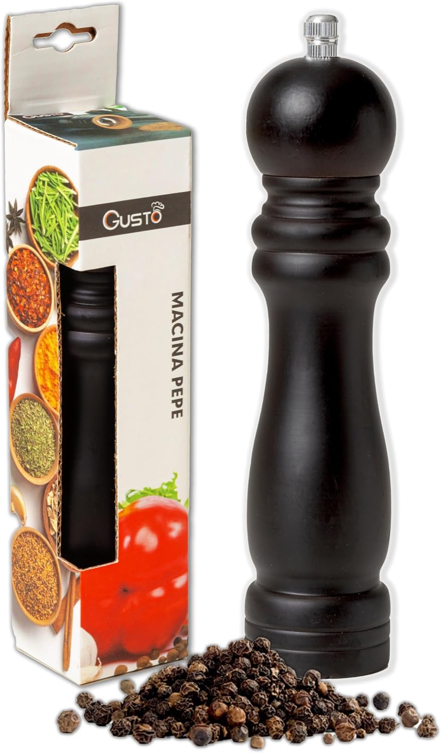 IPEA Moulin à Poivre manuel en Bois Noir pour Poivre, Piment et Sel - Moulin à Poivre Classique de Cuisine avec Broyeur en Métal pour Moudre les épices, le Cumin, le Sésame, le Paprika