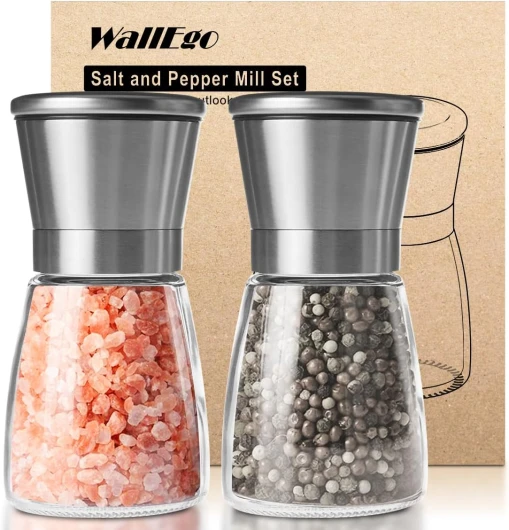 Moulin à Poivre et Sel, Broyeurs en Acier Inoxydable Brossé et Verre Meule en Céramique Réglable Broyeur à Épices Lot de 2 [Sans contenu d'épices] M 14cm