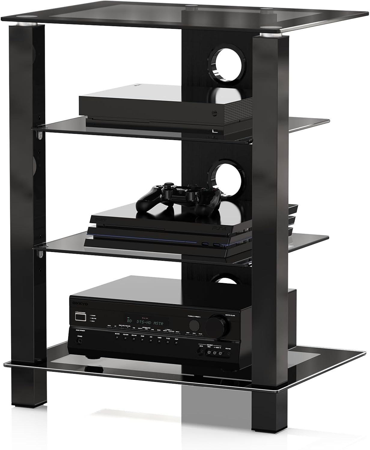 Meuble HiFi Noir avec 4 Etagères en Verre Trempé - Support HiFi/TV/Platine Vinyle/Enceintes/Xbox Charge Max - 60 KG Structure Solide