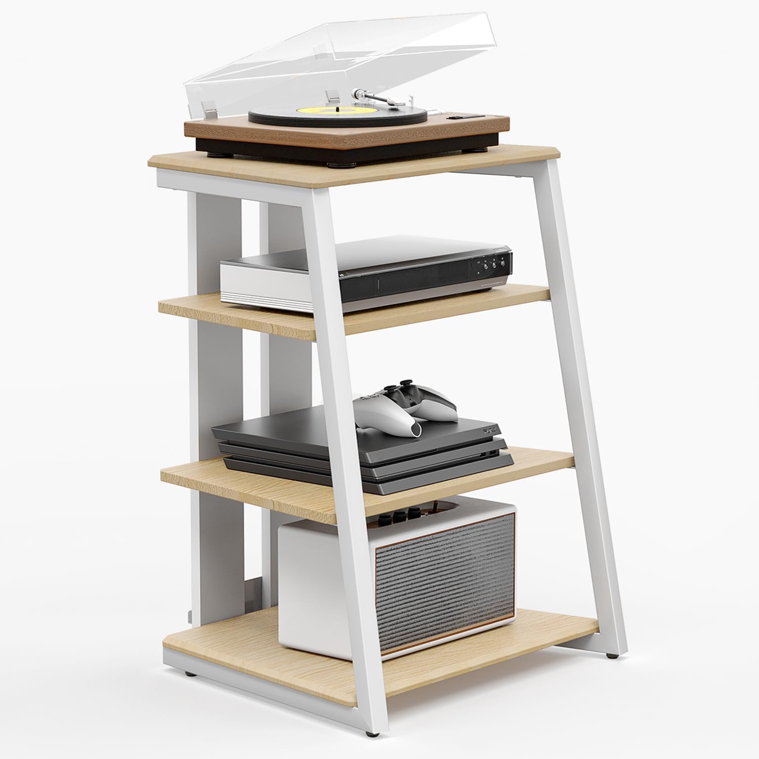 Meuble HiFi à 4 Etagères en Bois et Acier Support pour Platine Vinyle Meuble Audio/Vidéo Capacité de Charge Max - 50KG Structure Solide Nature