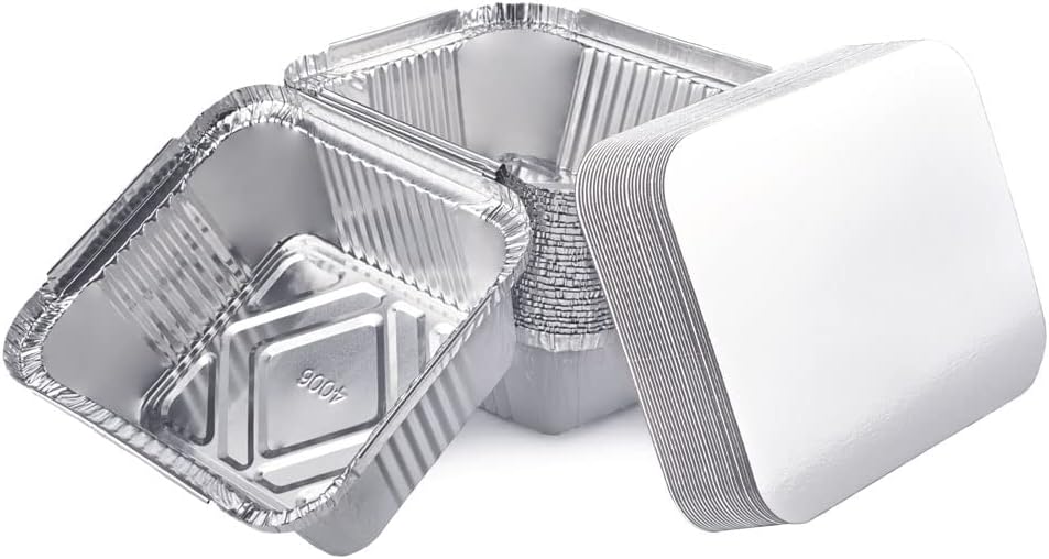 Miamex Lot de 25 Barquettes en Aluminium Jetables avec Couvercle pour Transport de Nourriture - Congélation - Barbecue - Cuisson au four (450 ml) 450 ml Gris