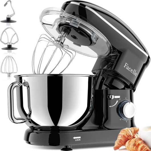 Robot Pâtissier Facelle 1500W Petit électroménager 6,2 L,Robot Pétrin Professionnel avec Fouet, Batteur, Crochet, Bol d'Acier Inoxydable, 6 +P Vitesses (Noir)
