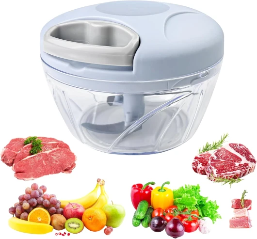 Fousenuk Mini Hachoir Manuel Cuisine, 500 ml Coupe Oignon Manuel avec Cordon de Tirage, Mixeur Manuel avec 3 Lames en Acier Inoxydable, Decoupe Oignon Manuel, Hacheur Legume, Eminceur Oignon (Bleu) 500ml
