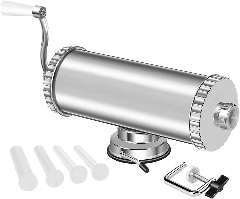 MASTER FENG Poussoir à Saucisse, en Aluminium Inoxydable à Saucisse Manuel avec 4 Tubes Embouts Remplissage de Professionnelle Poussoir à Viande (5LBS/3L (Horizontal)) 5LBS / 3L