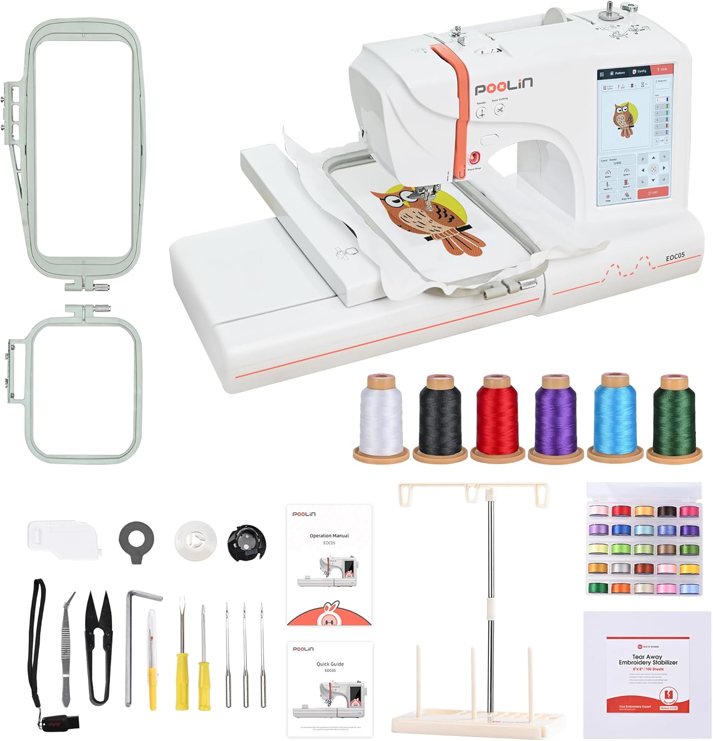 EOC05 Machine à Broder, Grande Zone de Broderie de 10x23,5 cm Pour Vêtements, Grand écran Tactile LCD Informatisé de 18 cm, Livrée Avec Fil, Stabilisateur et Bobines,USB