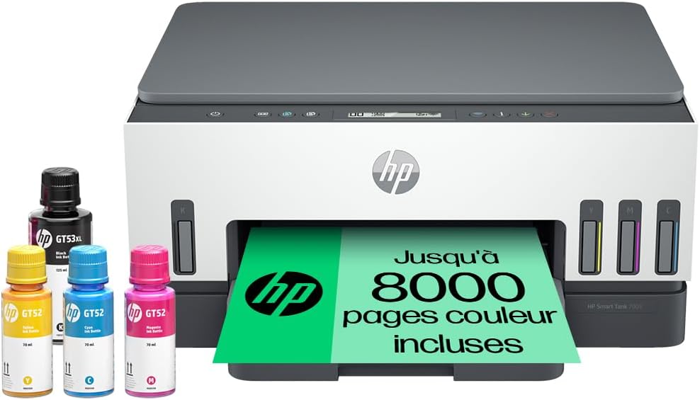 Smart Tank 7005 Imprimante Multifonction Couleur, Réservoir d'encre à haut volume d'impression, Jusqu'à 12000 pages en noir et 8000 pages en couleur, Recto-verso automatique, Wi-Fi, Blanche