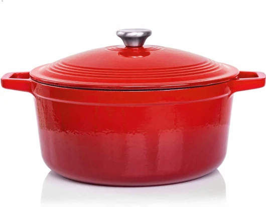 Cocotte Fonte Émaillée VeoHome Rouge 6L Ø28cm, Faitout Ultra Résistant,Marmite Compatible Induction/Gaz/Four, Cuisson Homogène, Saveurs Authentiques, Couvercle Relief Ronde 6 Litres (28cm) Rouge Ronde