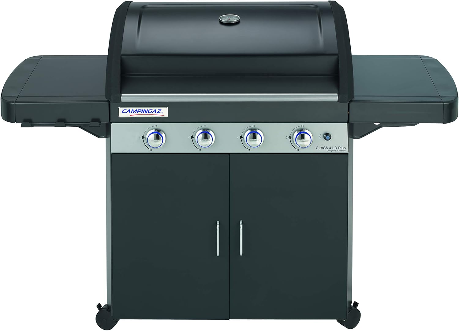 Barbecue à gaz Class 4 LD Plus, 4 brûleurs, Puissance 12.8kW,Système de nettoyage facile InstaClean, grille et plancha en fonte double émaillage, 2 tablettes latérales Unique