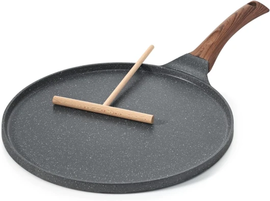 Poêle à Crêpes avec Revêtement Antiadhésive en Granit Suisse 26cm, Induction, Crêpière avec Répartisseur de Pâte, Poignée Confortable et Ergonomique(Gris) Gris 26cm