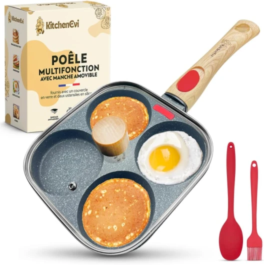 Poêle à Pancakes Induction Antiadhésive – Manche Amovible, Couvercle en Verre, Spatules – Idéale pour Œufs, Crêpes, Blinis – 4 compartiments - Sans PFOA