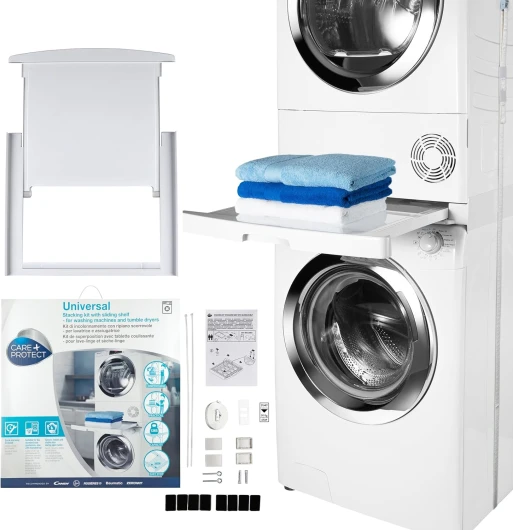 CARE+PROTECT Kit de Superposition Universel pour Lave-Linge de Profondeur 47 à 62 cm et Sèche-Linge de Taille Standard - Avec Tablette Coulissante - Optimise l'espace - Blanc - Devant Arrondi Avec étagère arrondie