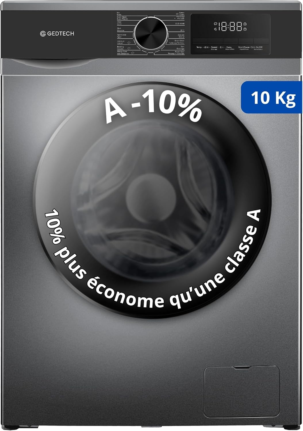 Lave-linge frontal GEDTECH GLL101400DG - 10 Kgs - 1400 tr/mn - 16 programmes - Eco - Intensif - Rapide – Très Faible conso A-10% Dark Grey 10 Kg