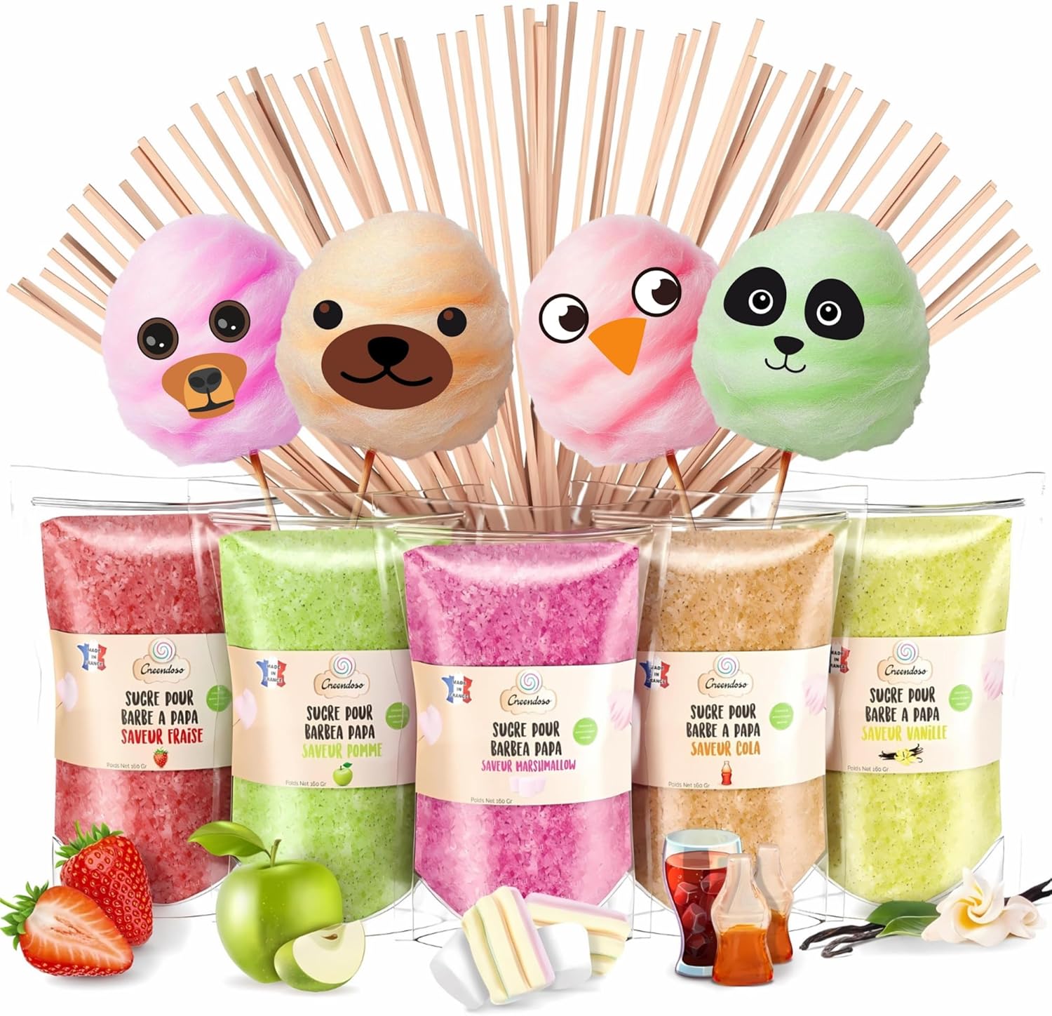 ® Sucre Barbe à Papa pour Machine – Fraise, Cola, Pomme, Marshmallow, Vanille (5x160g) – Arômes Naturels – 20 Bâtonnets + 8 Décos Comestibles en Papier Azyme 800 g (Lot de 1)