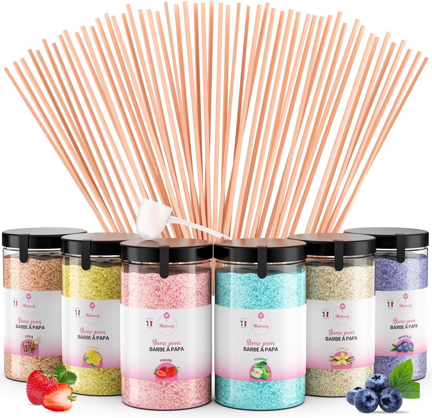Misskandy® sucre barbe à papa pour machine- Lot de (6 * 240Gr) - (Arômes Naturels): Goûts: Fraise/Pomme/Cola/Myrtille/Vanille/Citron/poudre barbapapa+ 50 bâtonnets (offerts)/ Fabriqué en France