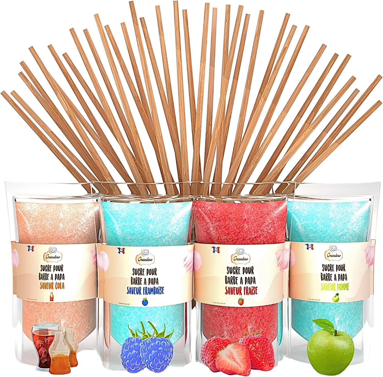 ® Sucre Barbe à Papa pour Machine (4x320 gr) – Lot de 4 Goûts (Fraise/Cola/Framboise/Pomme) – 50 Bâtonnets