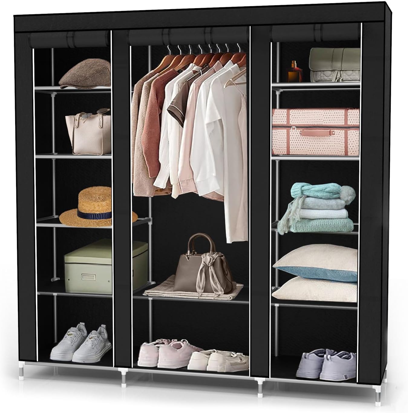Intirilife Armoire de Rangement Pliable 150x175x45 cm en Noir Corbeau - Penderie Dressing Textile en Tissu Intissé avec Fermeture à Glissière - Garde-Robe Placard Camping
