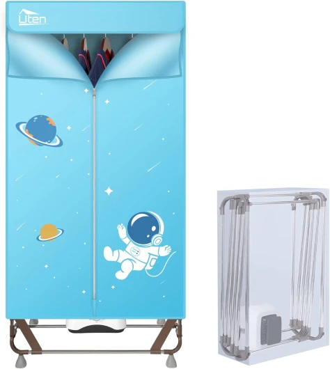 Sechoir Linge Electrique, Uten Séchoir Pliable pour Armoire avec Sac de Rangement, 1500 W Séchage Rapide, Capacité 15kg pour Maison et Dortoirs, Bleu Bleu 170CM