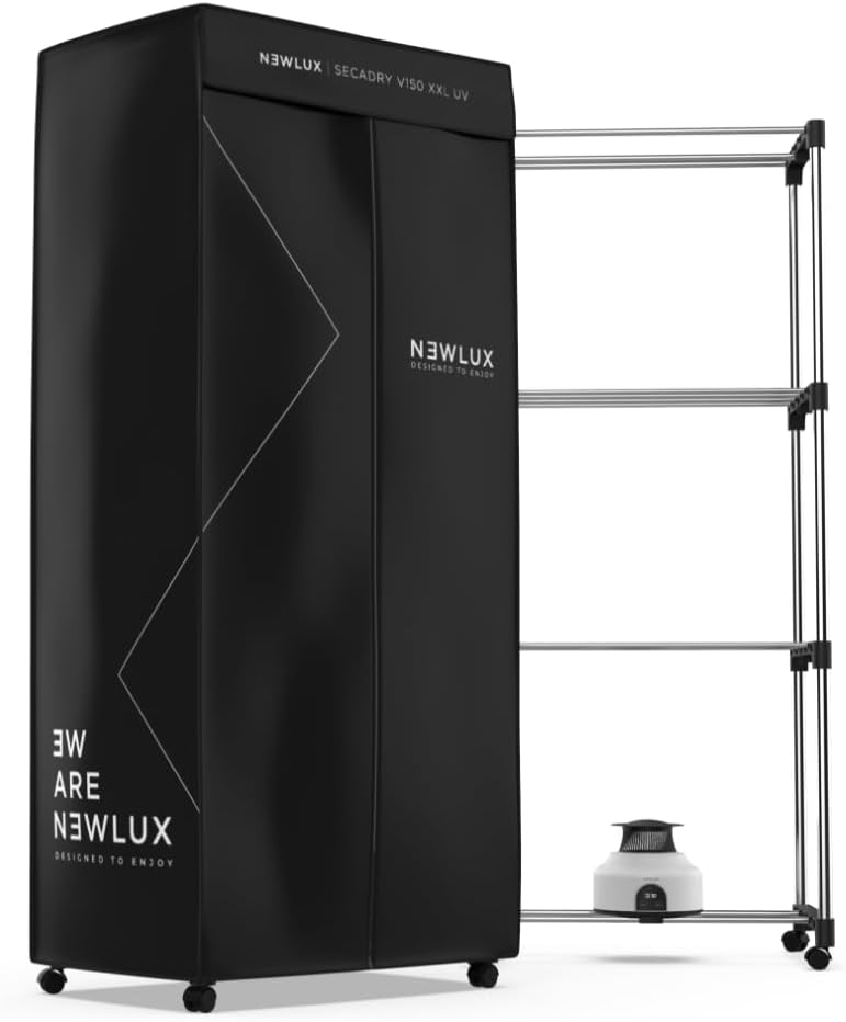 Newlux - Sèche-Linge électrique Portable Secadry Noir avec lumière UV pour désinfecter, 15kg, Temp - 180min, 4 Niveaux, séchoir par Ventilation (1200W) 3 en 1 Sèche-Linge, Armoire, Séchoir à Linge