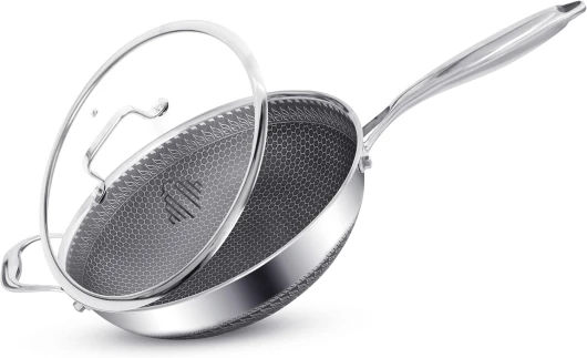 Wok Induction, Anti-rayures, Acier inoxydable sans PFOA, Couvercle en verre résistant au four, Poêle wok 30cm Large, Pour toutes les plaques électriques, gaz, céramique SSWK30