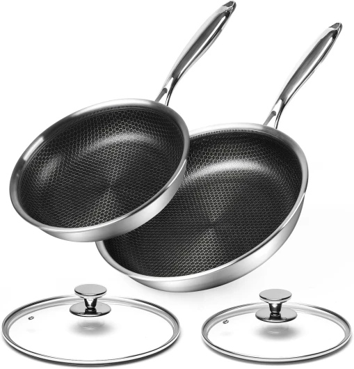Innerwell Lot de 4 Poêles, Poêle à Frire Avec Couvercle 24+28 cm, Poêle à Induction en Acier Inoxydable, Revêtement Antiadhésif, Sans PFOA Argenté poêles avec couvercle 24+28cm