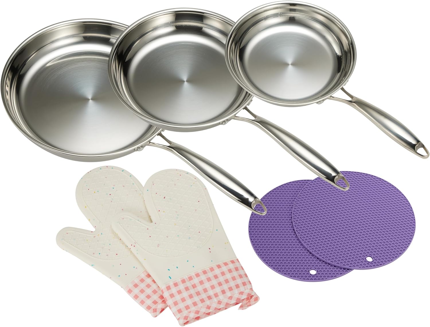 SanheKit Lot de 3 poêles à frire en acier inoxydable professionnel à trois couches de 20,5 à 25,4 cm, haute brillance, à induction, poêles à frire, passent au lave-vaisselle et au four.