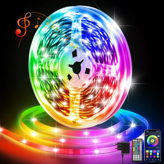 Ruban LED,10 Mètres Lumière Chambre Multicolore, Bluetooth App Control RGB LED Bande Led, Fancy LED Interieur Synchronisation Musicale Pour Décorer Bar, Fête, Cuisine, TV, Bureau 10M