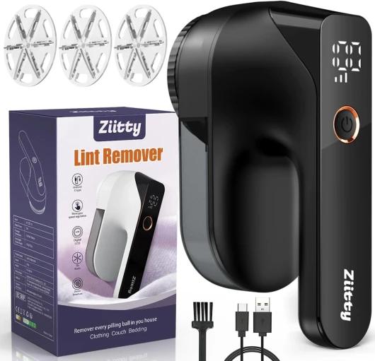 Ziitty Rasoir Anti Bouloche Électrique Écran LCD, Rechargeable Câble Type-C, 3 Niveaux de Puissance Réglables, Tête à 6 Lames Fraise à Peluches, Idéal Vêtements Canapés Couvertures Rideaux Noir