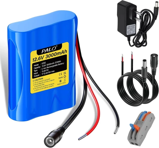 Mspalocell Batterie Lithium-ION 12,6 V 3000 mAh avec Chargeur et 2 Lignes de Connexion pour Panneau Solaire, Radio, appareils Photo, caméscopes, Orgue électronique, Lampe de Lecture DIY, Sonar