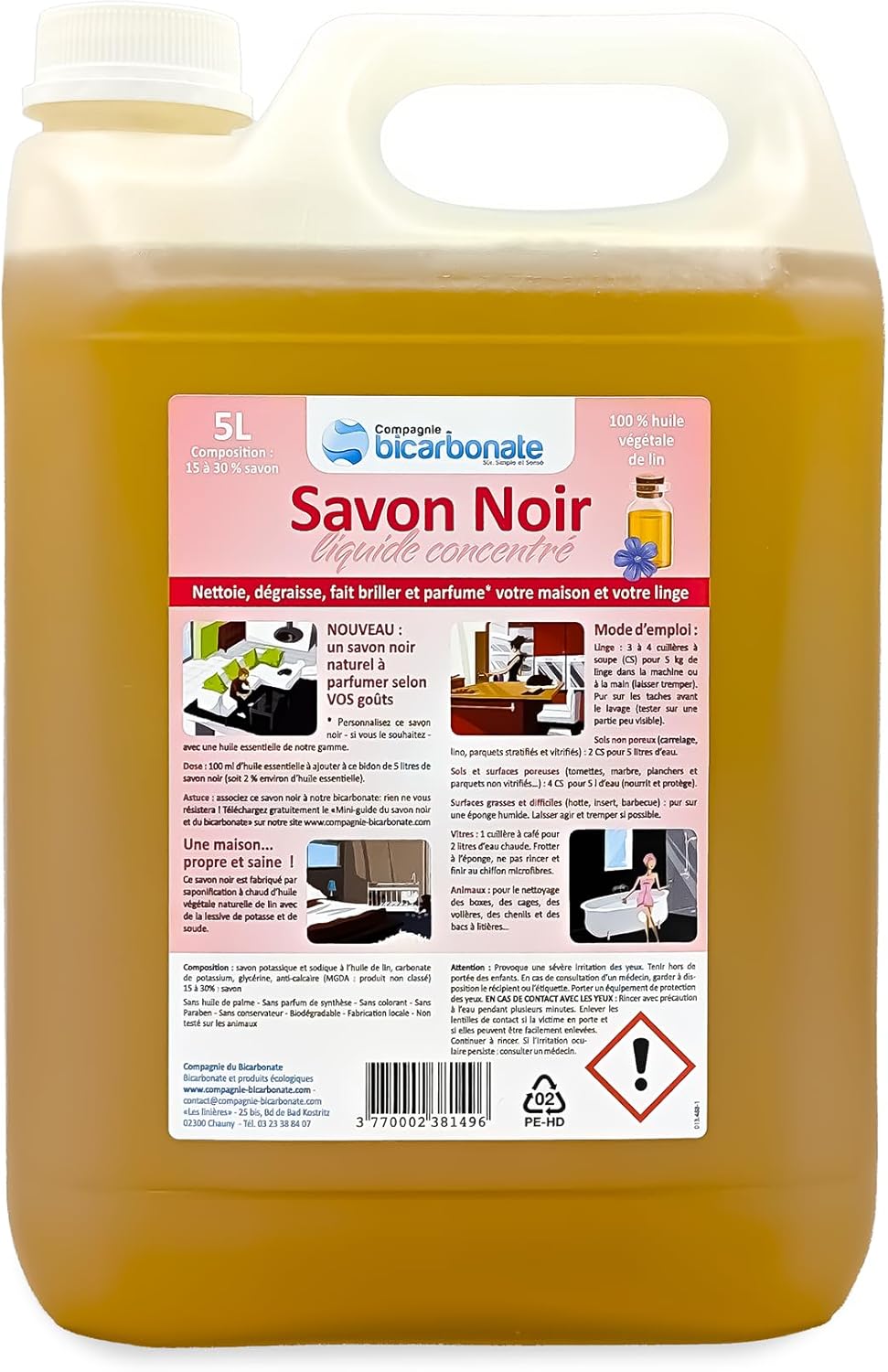 La Compagnie du Bicarbonate - Savon Noir 100% L'Huile de Lin 5 L - Pour Entretien Maison, Terrasse - Adapté au Cuirs, Céramiques, Carrelages, Sanitaires - Sans Additif 5 l (Lot de 1)