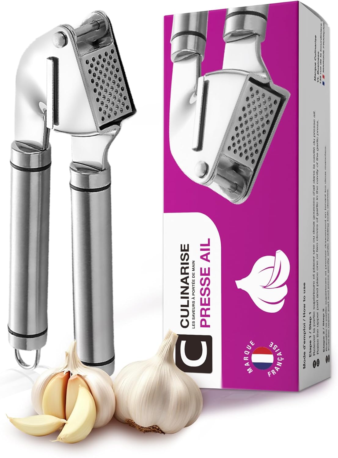 Presse ail manuel en inox : l'appareil professionnel parfait pour votre cuisine ! Ce broyeur hachoir garlic press écrase facilement l'ail, idéal pour éplucher et préparer vos plats rapidement.