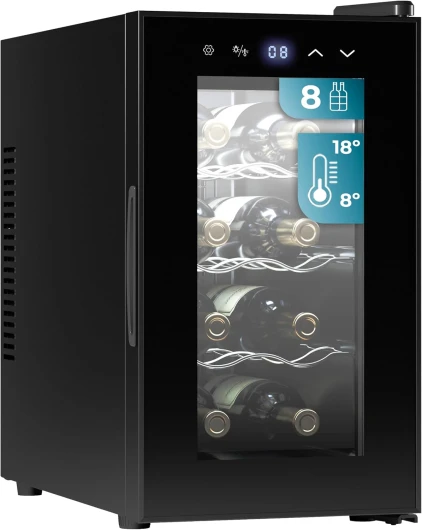 Cave à vin 8 bouteilles Bolero Grandsommelier 830 coolcrystal, Refroidissement thermoélectrique, Température réglable entre 8 et 18°C, Commande tactile et affichage, Gaz non nocif.