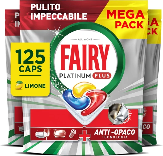 Platinum Plus Tablettes Lave-Vaisselle Tout En 1 Citron, Pack Familial 125 Capsules (5x25), Technologie Anti-terne, Redonne l'Éclat d'Origine, Efficace en Cycles Courts, Prévient Le Calcaire Citron 125 Capsules