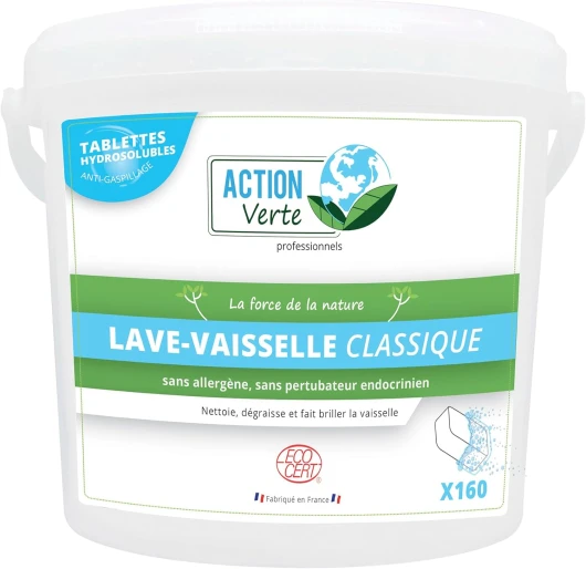 ACTION VERTE - Tablette lave -vaiselle - Nettoie, dégraisse et fait briller - Formule anti-gaspillage - Ecocert -160 pastilles - Fabrication française Classique