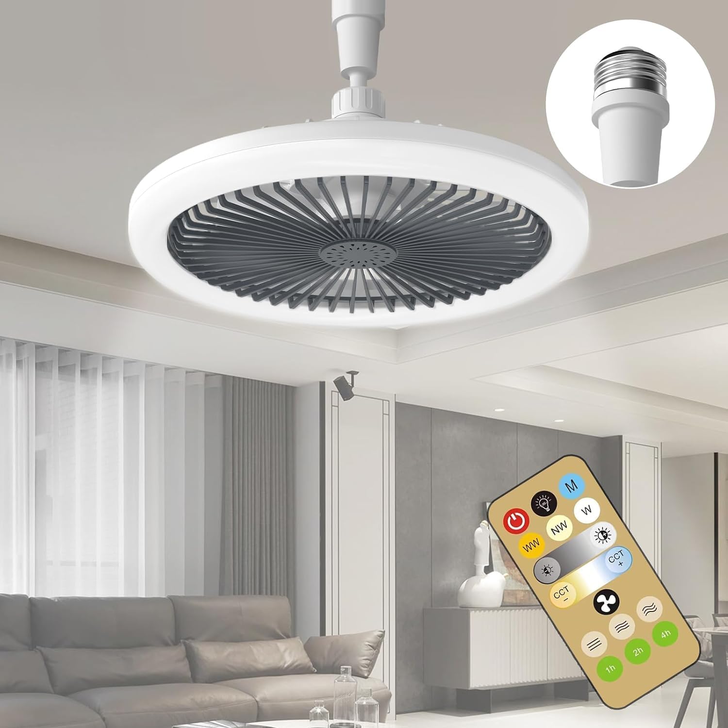 Beseloa Ventilateur Plafond Avec Lumiere, E27 ventilateur De Plafond Avec Télécommande,3 vitesses,Temporisable, Silencieux & plafonnier LED À Intensité Variable pour Chambre, Salon [Classe