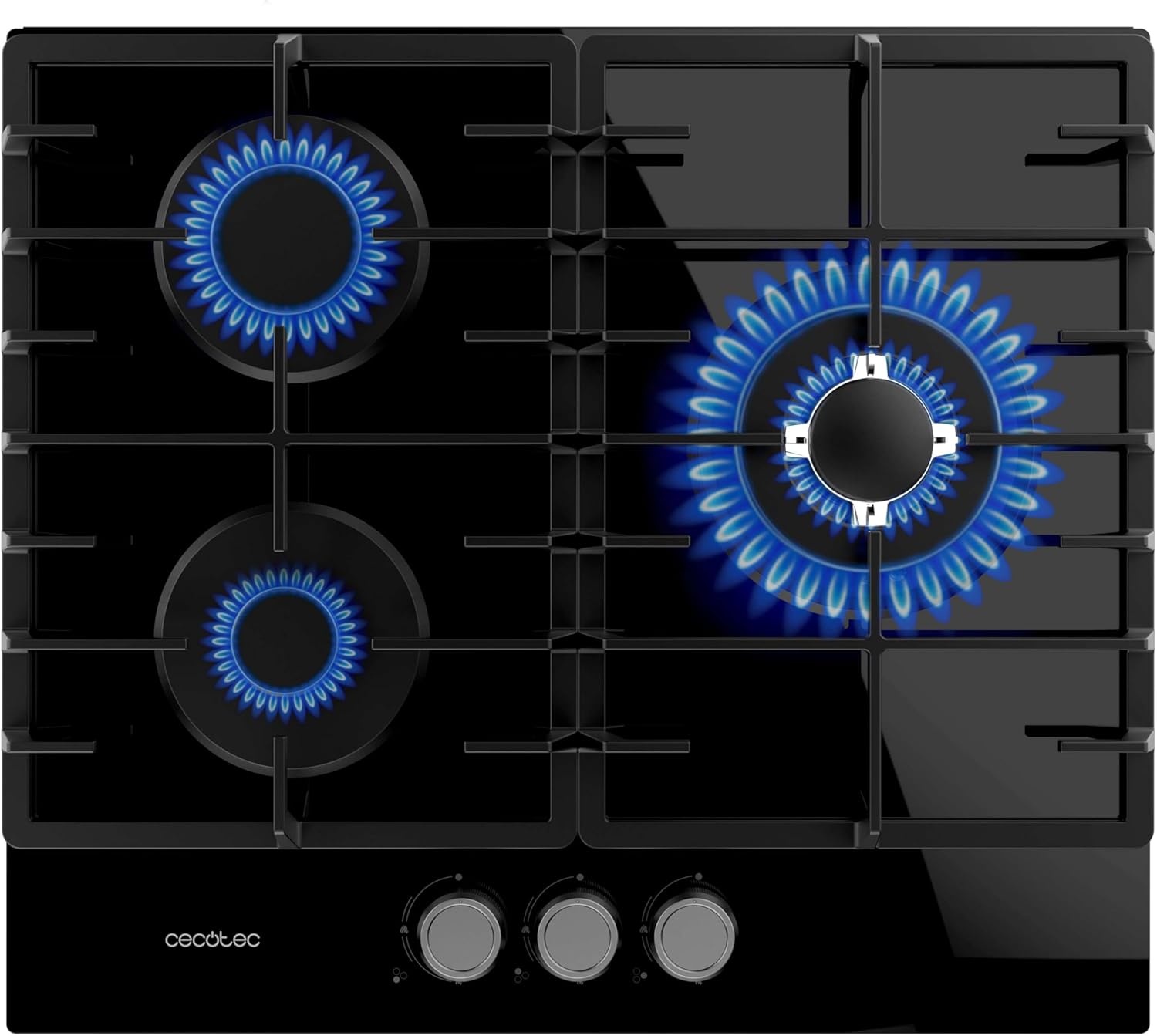 Plaque à gaz Bolero Squad G 3200F Glass Black - Plaque à gaz avec 3 feux, finition verre noir, grilles en fonte, 6250W, brûleur WOK triple couronne, sécurité intégrée - Noir 3 Feux - Support Complet