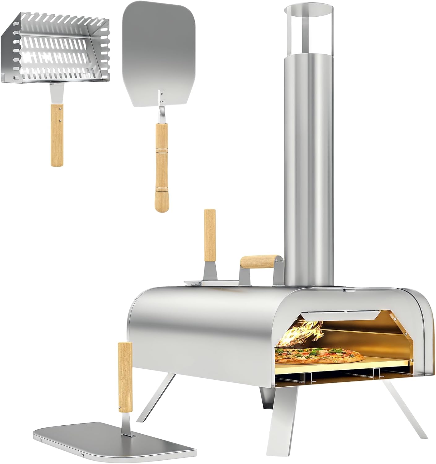 Four à pizza extérieur portable à bois ou à pellet avec pierre à pizza, pieds pliables, cheminée, en acier inoxydable, argenté
