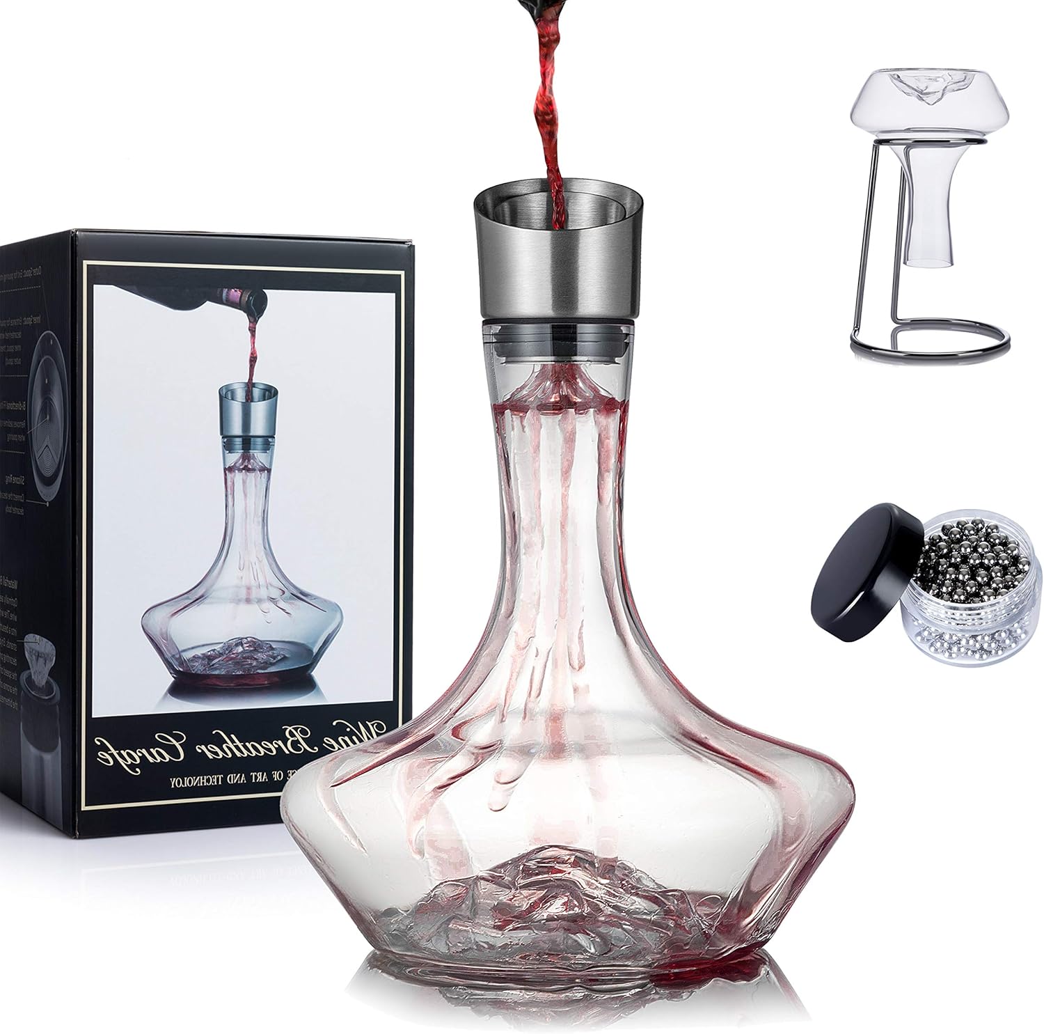 NEW PACIFIC YOUYAH Carafe à Décanter Iceberg avec Filtre Aérateur, Support de Séchage et Billes de Nettoyage, Cadeau de Vin Rouge, Verre en Cristal sans Plomb Soufflé à la Main à 100% 1400ML