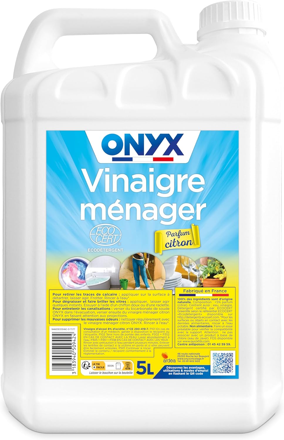 Vinaigre ménager Parfum Citron - Nettoyant, Détartrant Multi-Surfaces et Multi-Usages - Nettoie et Fait Briller- Ecocert - 100% d'Ingrédients d'Origine Naturelle - Fabrication Française - 5L Citron 5 l (Lot de 1)